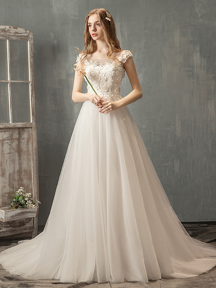 arwen&ajh مجموعة أروين التجارية Light Wedding Dress 2024 New Bride Fantasy French Flower Mori Style Dress Short Tail Super Fairy Simple