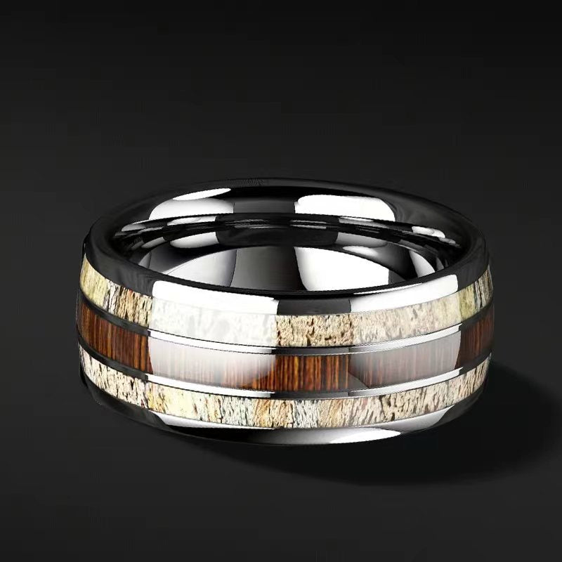 High-end Trendy Men's Fashionable Domineering Stainless Steel Men's Marble + Wood Grain Ring Korean Style Men's Ring Supply