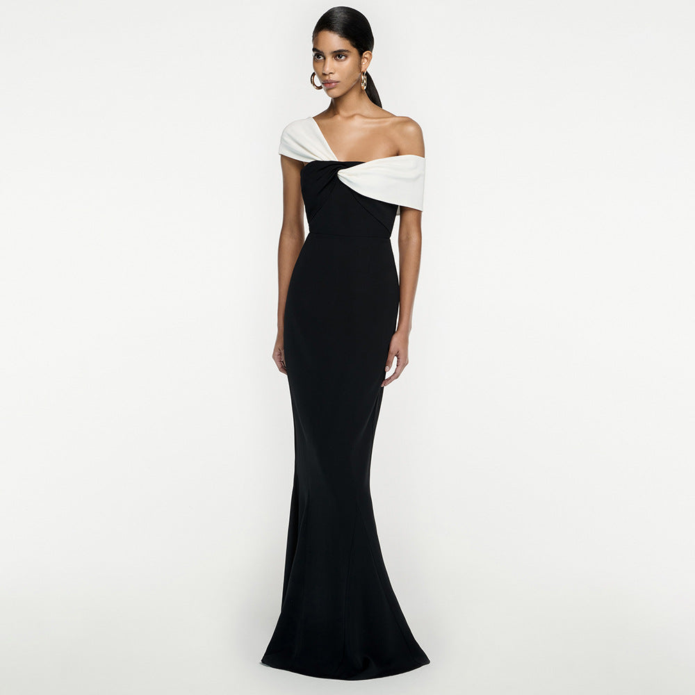 arwen&ajh مجموعة أروين التجارية Fall 2024 Black And White Twisted Fishtail Dress European And American Dress Split Sexy Evening Dress Black Women's Dress