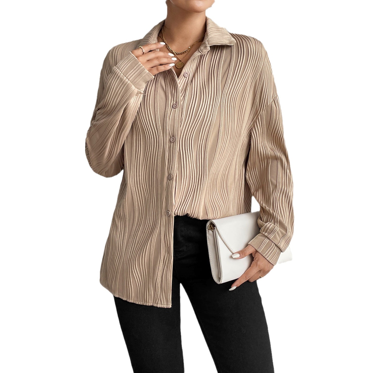 مجموعة اروين التجارية arwen&ajh group  Self-developed And Designed New European And American Amazon Independent Station Fold Collar Button Texture Shirt Women Clothing