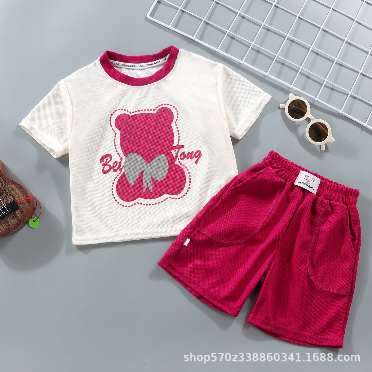 مجموعة اروين arwen&ajh group  2024 New Children's Clothing Summer Children's Suit Casual Loose Clothes Boys And Girls Waffle Short Sleeve Summer Wholesale