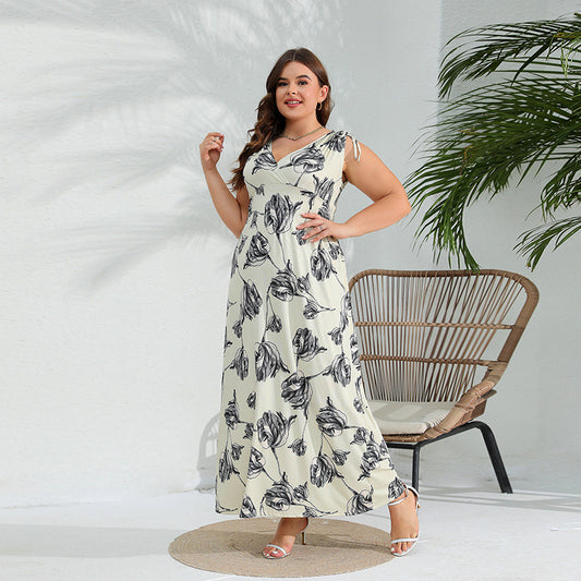 ARWEN&AJH GROUP مجموعة أروين 2024 Cross-border US Hot Selling 2024 New Elegant Western Style Plus Size Dress Sleeveless Chubby Girl Long Dress