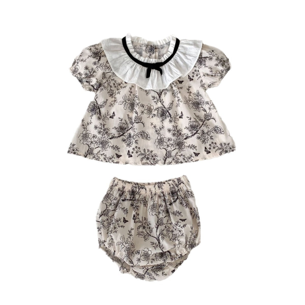 مجموعة اروين   ARWEN & AJH GROUP 2024 Summer New Female Baby Chinese Ink Floral Two-piece Lapel Short-sleeved Shirt + Bag Fart Pants Suit