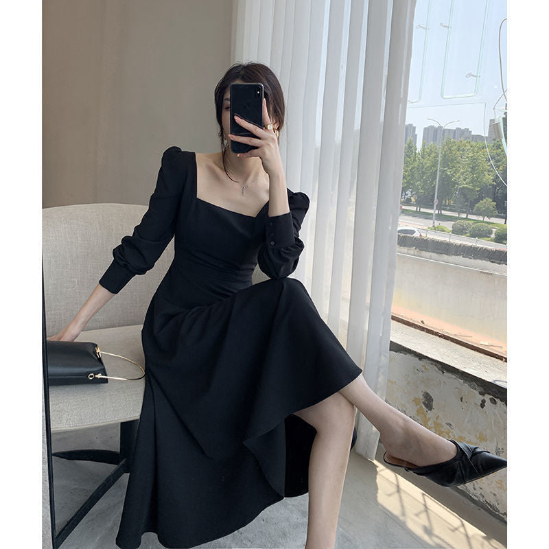 ARWEN&AJH GROUP مجموعة أروين 2024 French THepburn Style Small Black Dress Women's 2023 Spring And Autumn New Retro Square Neck Long Over-the-Knee Black Elegant Dress Long Dress