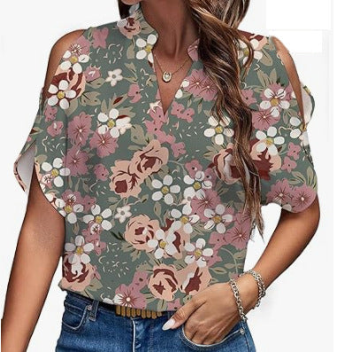 Women arwen&ajh مجموعة أروين التجارية 2024 2024 Summer New Printed V-neck Elegant Fashion Shoulder Sleeve Women arwen&ajh مجموعة أروين التجارية 2024 Top