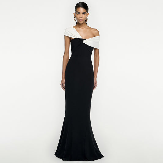 arwen&ajh مجموعة أروين التجارية Fall 2024 Black And White Twisted Fishtail Dress European And American Dress Split Sexy Evening Dress Black Women's Dress