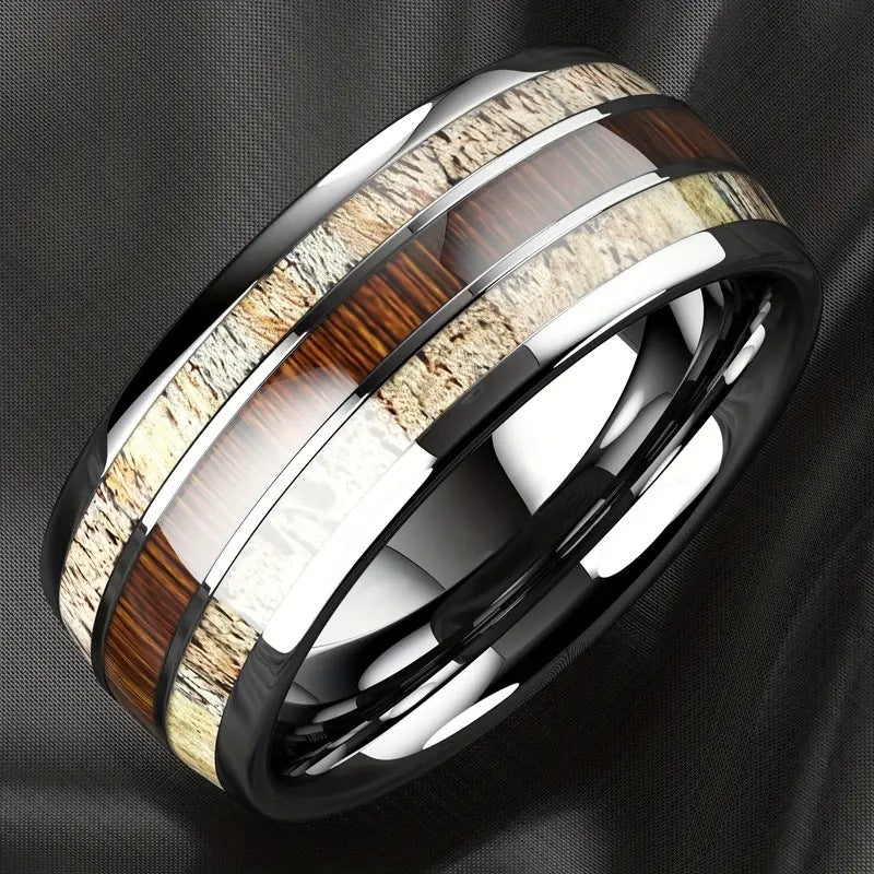 High-end Trendy Men's Fashionable Domineering Stainless Steel Men's Marble + Wood Grain Ring Korean Style Men's Ring Supply