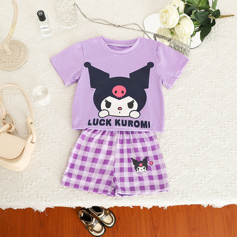 مجموعة اروين arwen&ajh group Summer New 2024 Girls Casual Cartoon Suit Baby Cute Loose T-shirt Plaid Shorts Suit