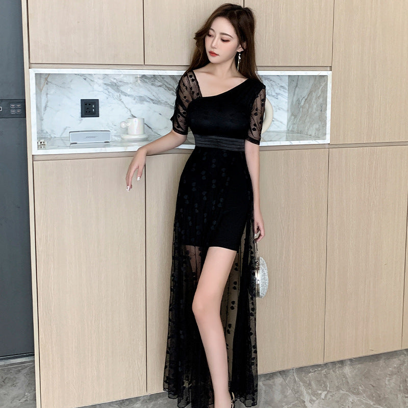 arwen&ajh مجموعة أروين التجارية 2024 Long Evening Dress Women's Stitching Lace Slim-fit Sexy Mesh Dress Elegant Beauty Car Model Night Club Work Clothes