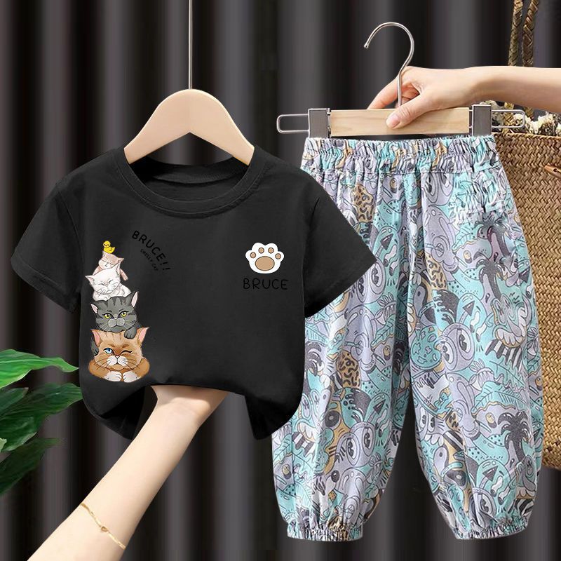 مجموعة اروين arwen&ajh group Girls' Suit 2024 Summer New Short-sleeved Children's Western Style Mosquito-proof Trousers Boys' Fashionable Two-piece Suit