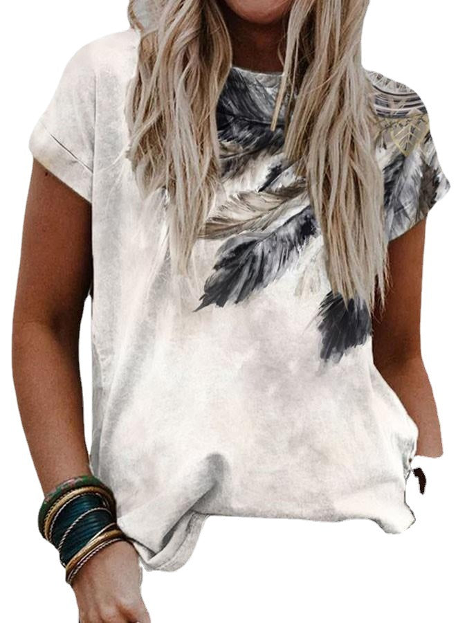 مجموعة اروين التجارية arwen&ajh group Spring Cross-border Supply Of Goods Digital Printing Temperament Pullover Feather Round Neck Women&#039;s T-shirt One Drop