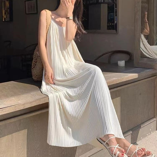 arwen&ajh مجموعة أروين التجارية 2024 Women's Pleated Slip Skirt For Summer 2024 High-end Elegant Slim-fit Dress Loose French Style Light Luxury Solid Color Long Skirt