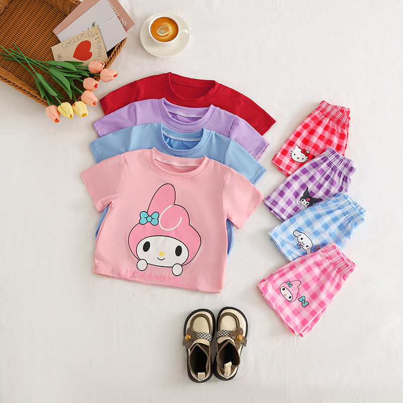 مجموعة اروين arwen&ajh group Summer New 2024 Girls Casual Cartoon Suit Baby Cute Loose T-shirt Plaid Shorts Suit