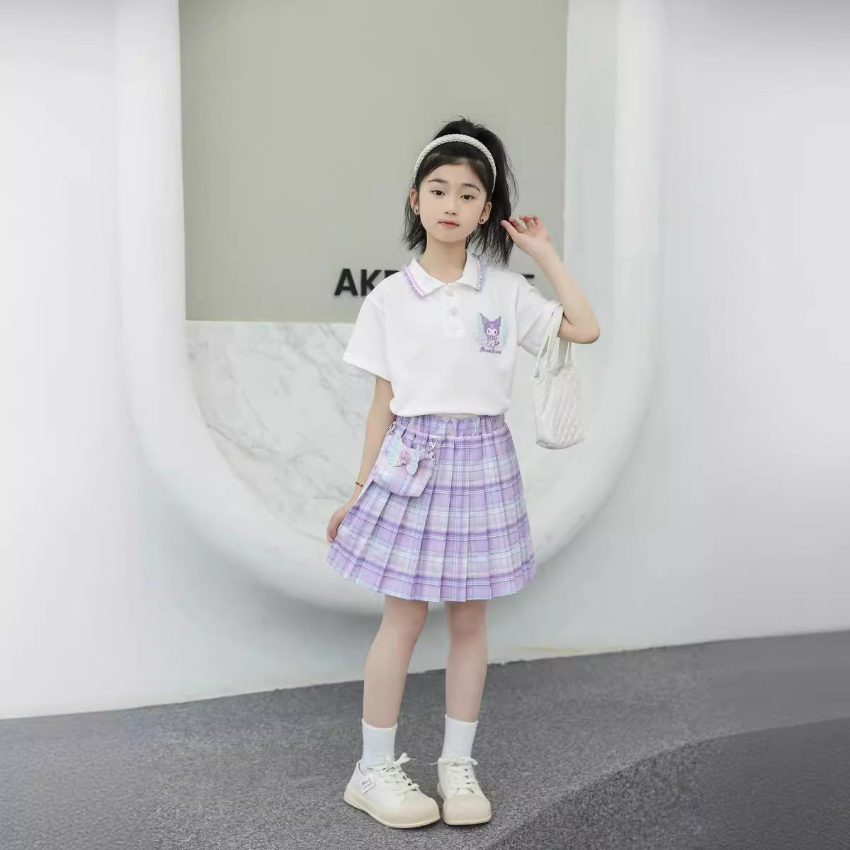 مجموعة اروين arwen&ajh group 2024 Summer Children's Short-sleeved Skirt Set For Girls Middle And Big Children's Kulomi Polo Lapel Top Plaid Skirt