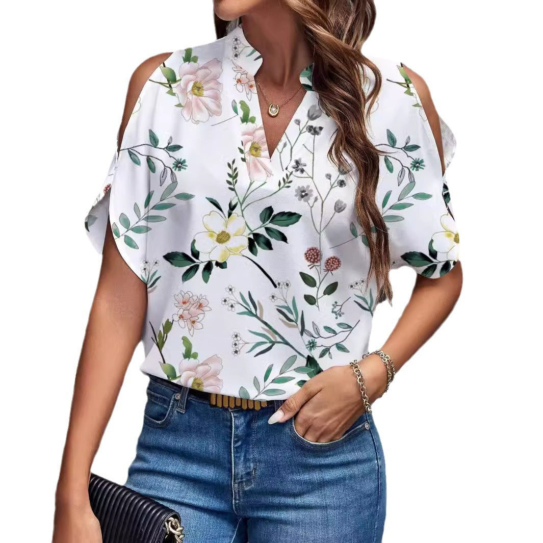 Women arwen&ajh مجموعة أروين التجارية 2024 2024 Summer New Printed V-neck Elegant Fashion Shoulder Sleeve Women arwen&ajh مجموعة أروين التجارية 2024 Top