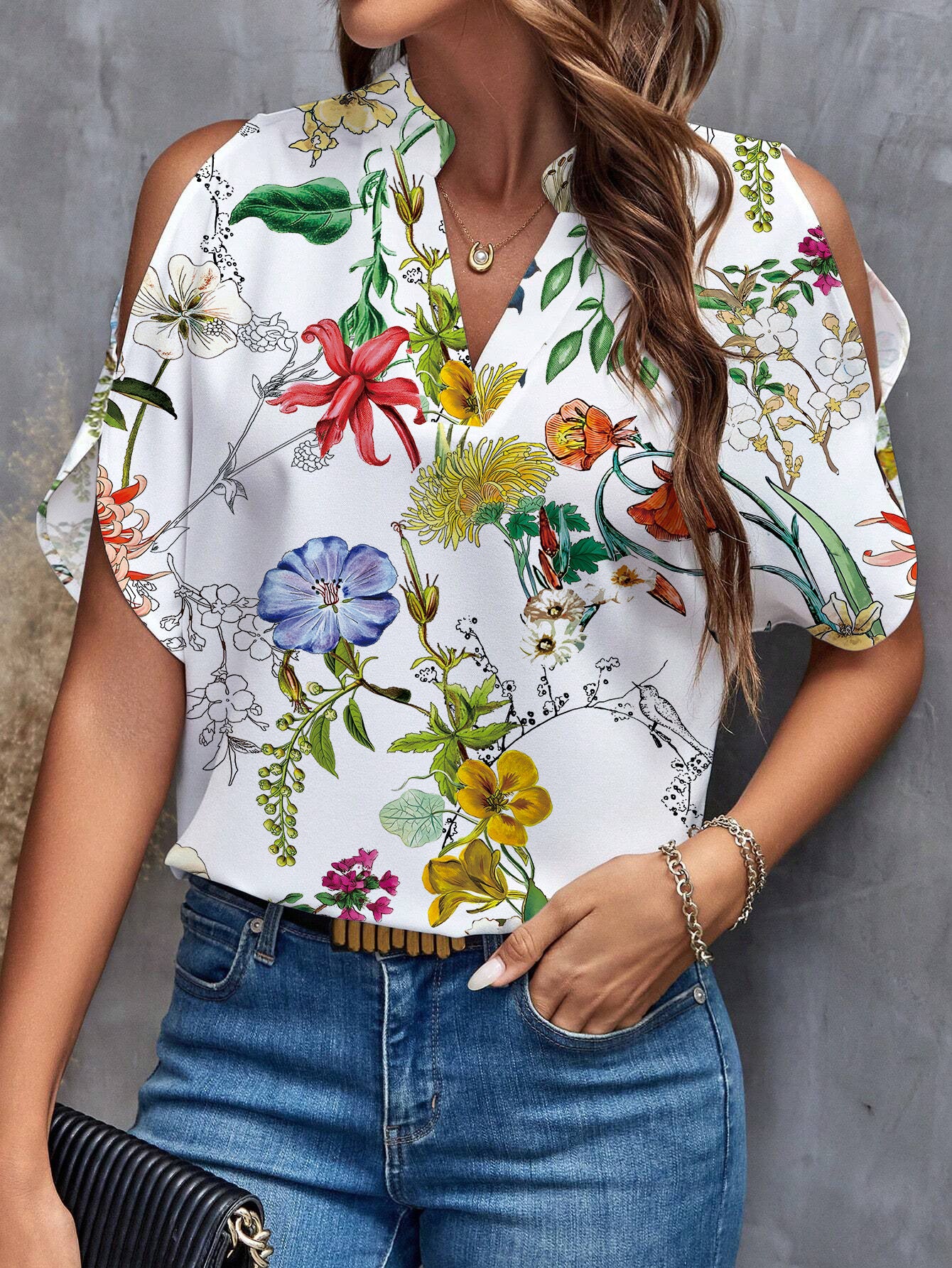 Women arwen&ajh مجموعة أروين التجارية 2024 2024 Summer New Printed V-neck Elegant Fashion Shoulder Sleeve Women arwen&ajh مجموعة أروين التجارية 2024 Top