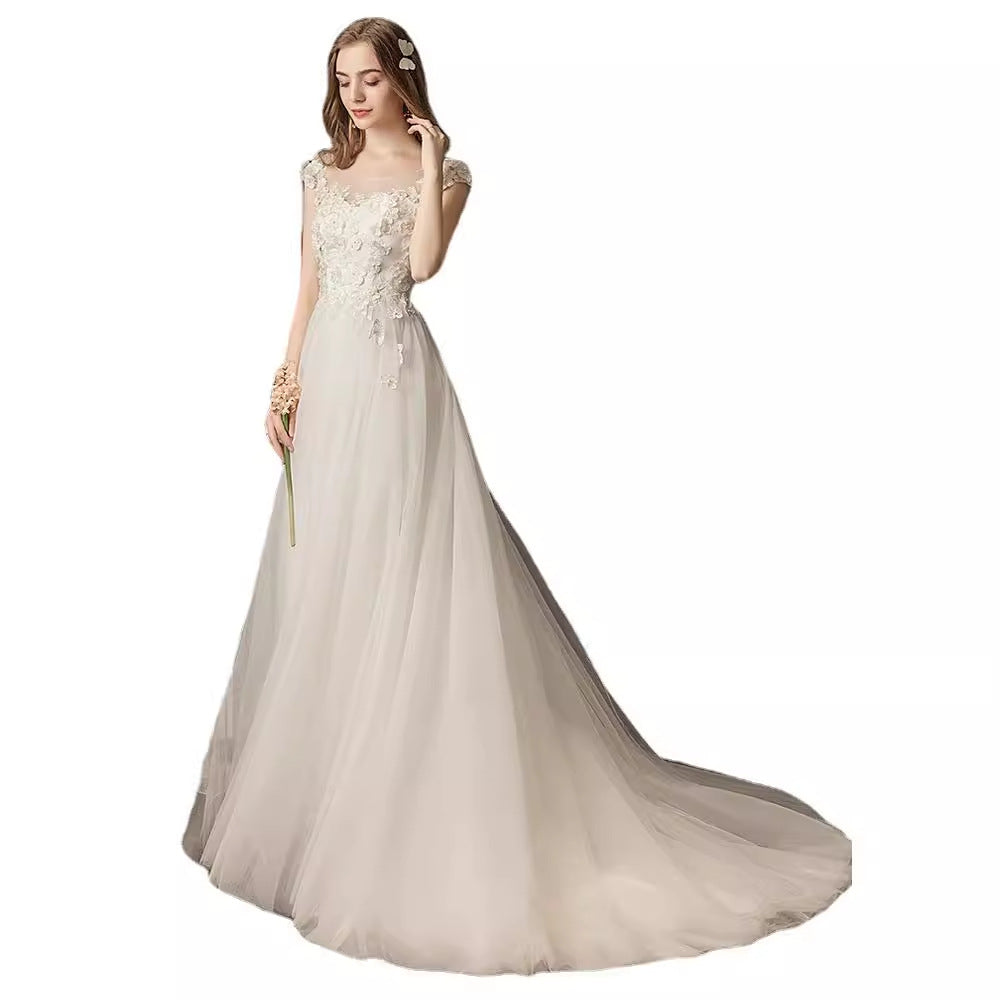 arwen&ajh مجموعة أروين التجارية Light Wedding Dress 2024 New Bride Fantasy French Flower Mori Style Dress Short Tail Super Fairy Simple