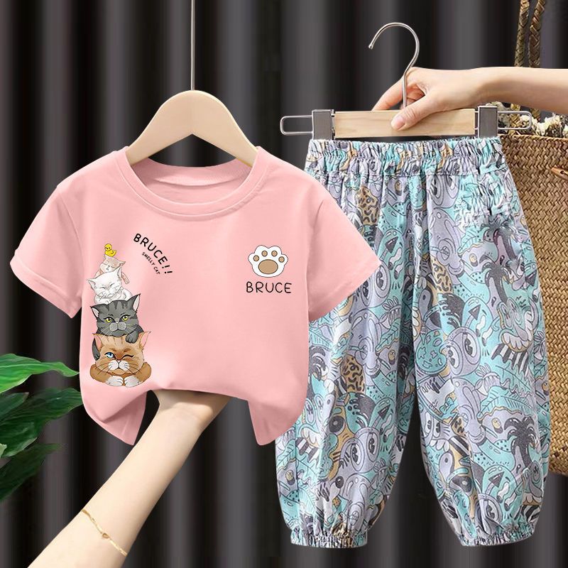 مجموعة اروين arwen&ajh group Girls' Suit 2024 Summer New Short-sleeved Children's Western Style Mosquito-proof Trousers Boys' Fashionable Two-piece Suit