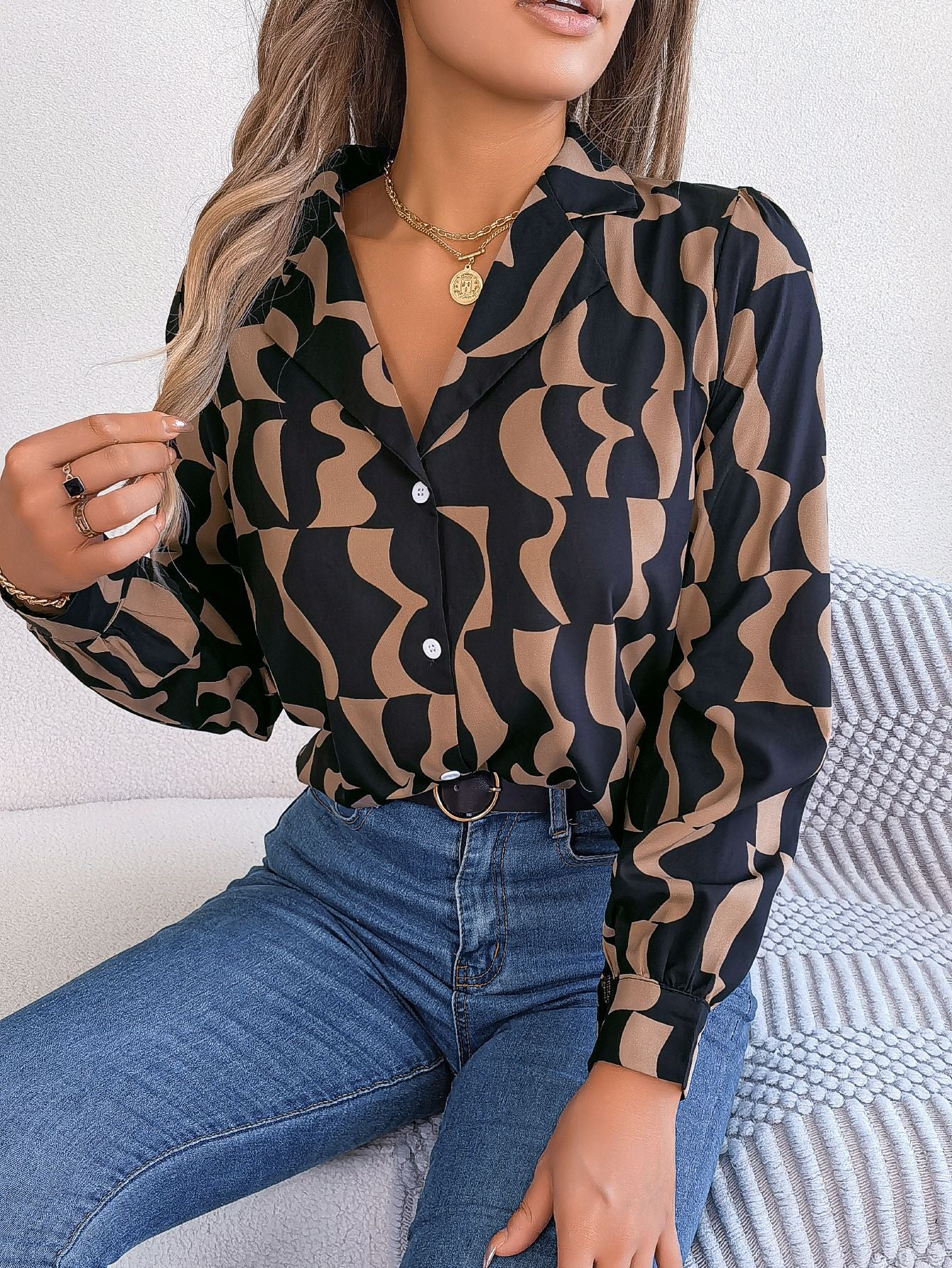 مجموعة اروين التجارية arwen&ajh group  T-shirt Women&Top  Spring And Summer Commuter Temperament Color Contrast Striped Suit Collar Long Sleeve Shirt Women& Clothing