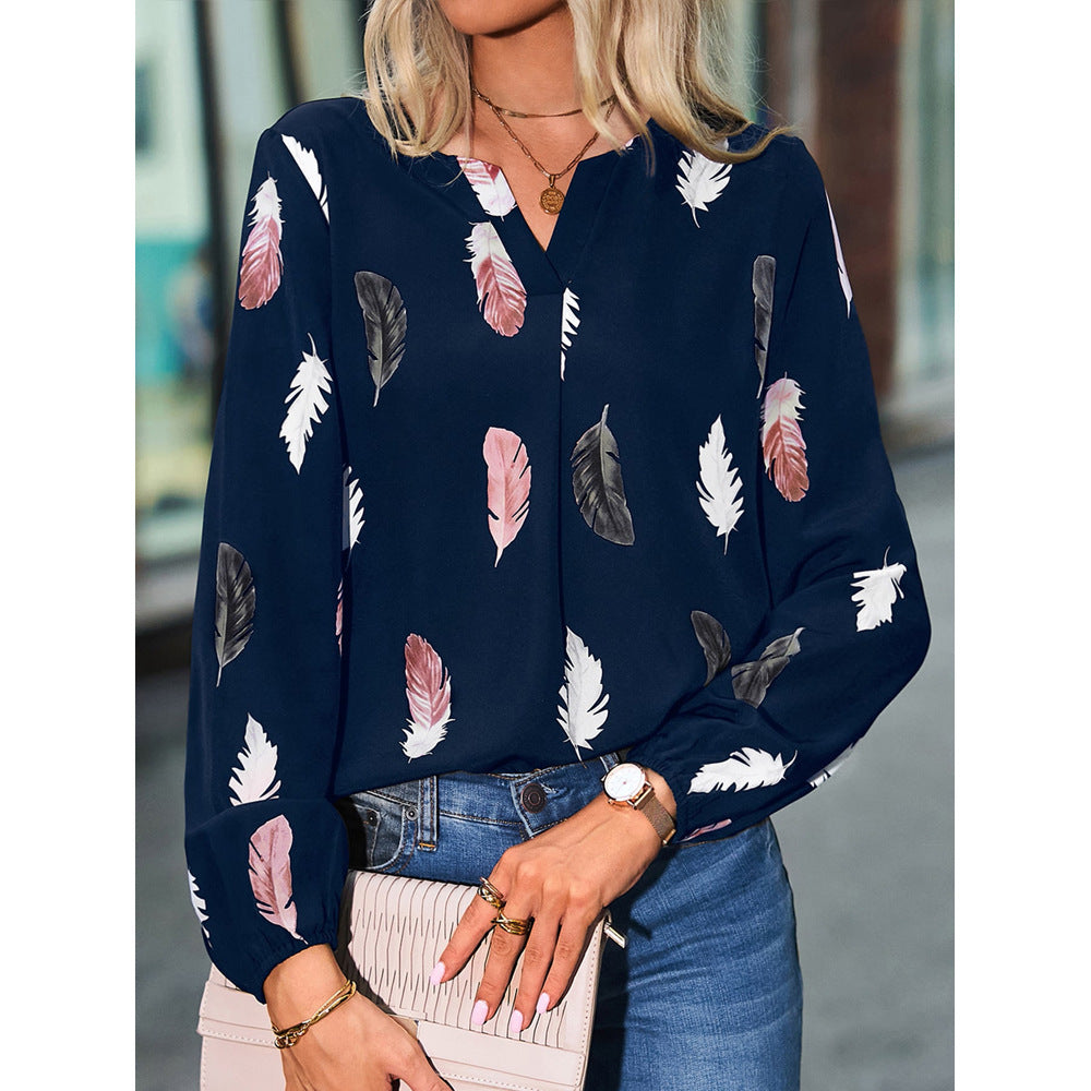 مجموعة اروين التجارية arwen&ajh group New Cross-border Amazon European And American Women&  V-neck Feather Printing Long Sleeve Loose T-shirt Women  Top