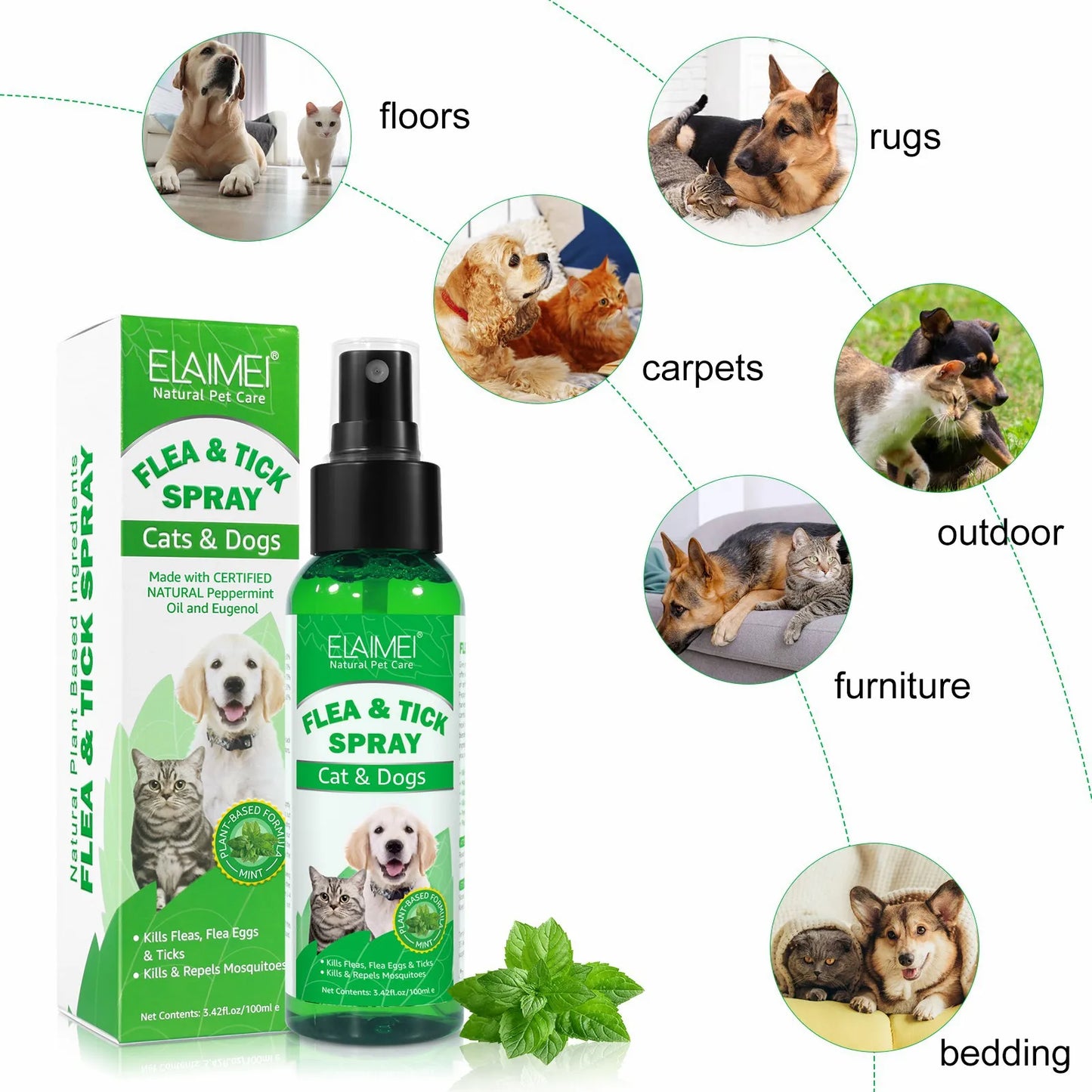 100ml Natural Pet Care Topical Flea&Tick Spray for Dogs&Cats with Fresh Fragrance Peppermint Oil and Eugenol