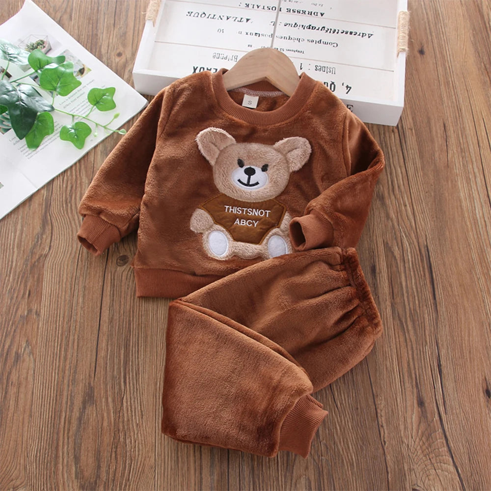 Bear Leader Girls Sets Winter Flannel   Set Long-sleeved Bear Patch Cloth Hoodie Pants Autumn and Winter Warm Boy 2pc Set