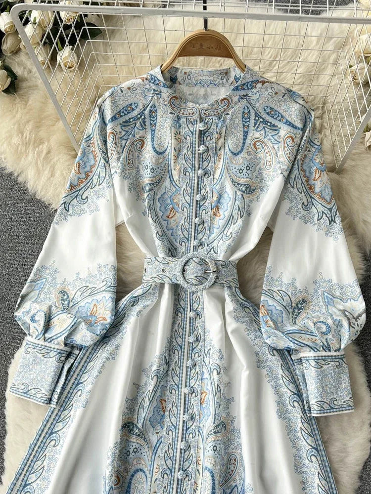 ARWEN & AJH GROUP New Women Vintage Party Dress Fashion Long Sleeve Single Breasted Stand Collar Elegant Printed Long Dresses Spring Autumn Robe