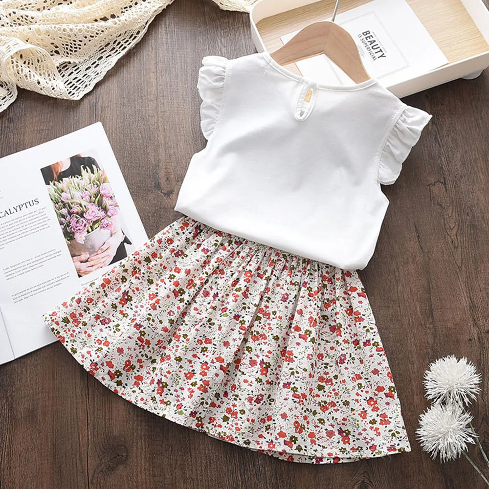 Bear Leader Summer 2Pcs Girls Clothes Sets Floral Cartoon Kids Ruffle Sleeve Top and Skirt Outfits Casual Girls Boutique Outfits