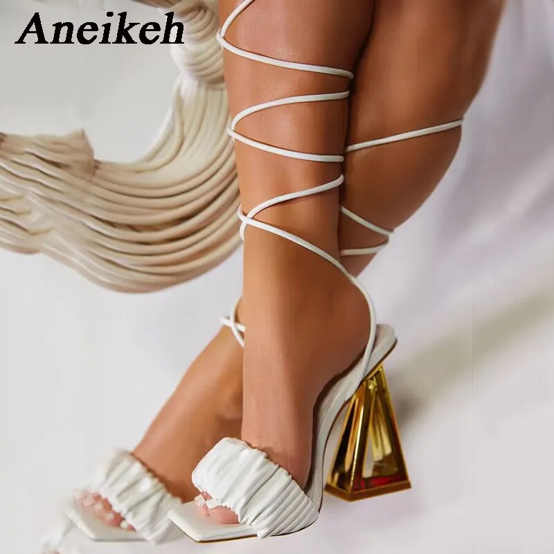 2024Fashion Strange Triangle High Heels Gladiator Sandals Women Pleated Cross Lace Up Summer Open Toe Wedding Prom Shoes