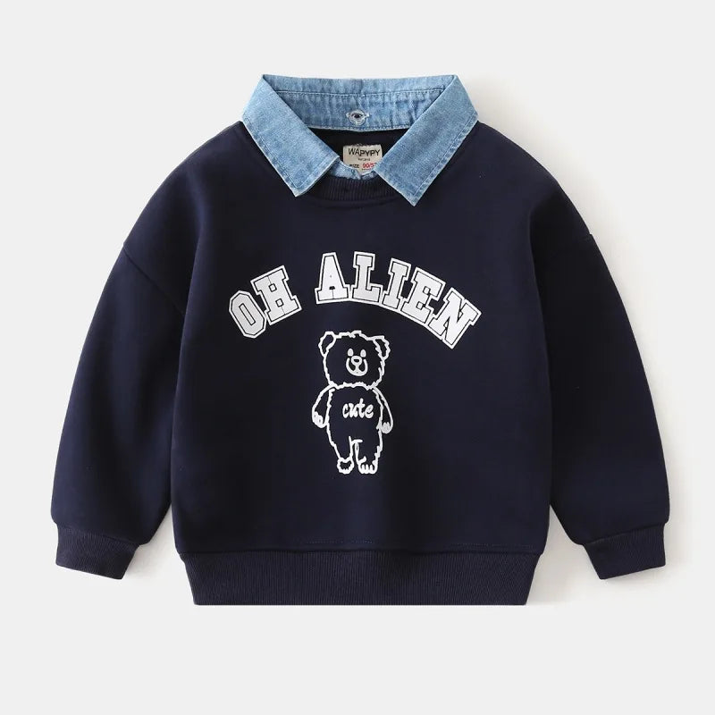 Autumn Children Boys Fake Two Piece Sweatshirt Cotton Bear Printed Baby Boy Pullovers Detachable Collar Long Sleeve Kid Boy Tops