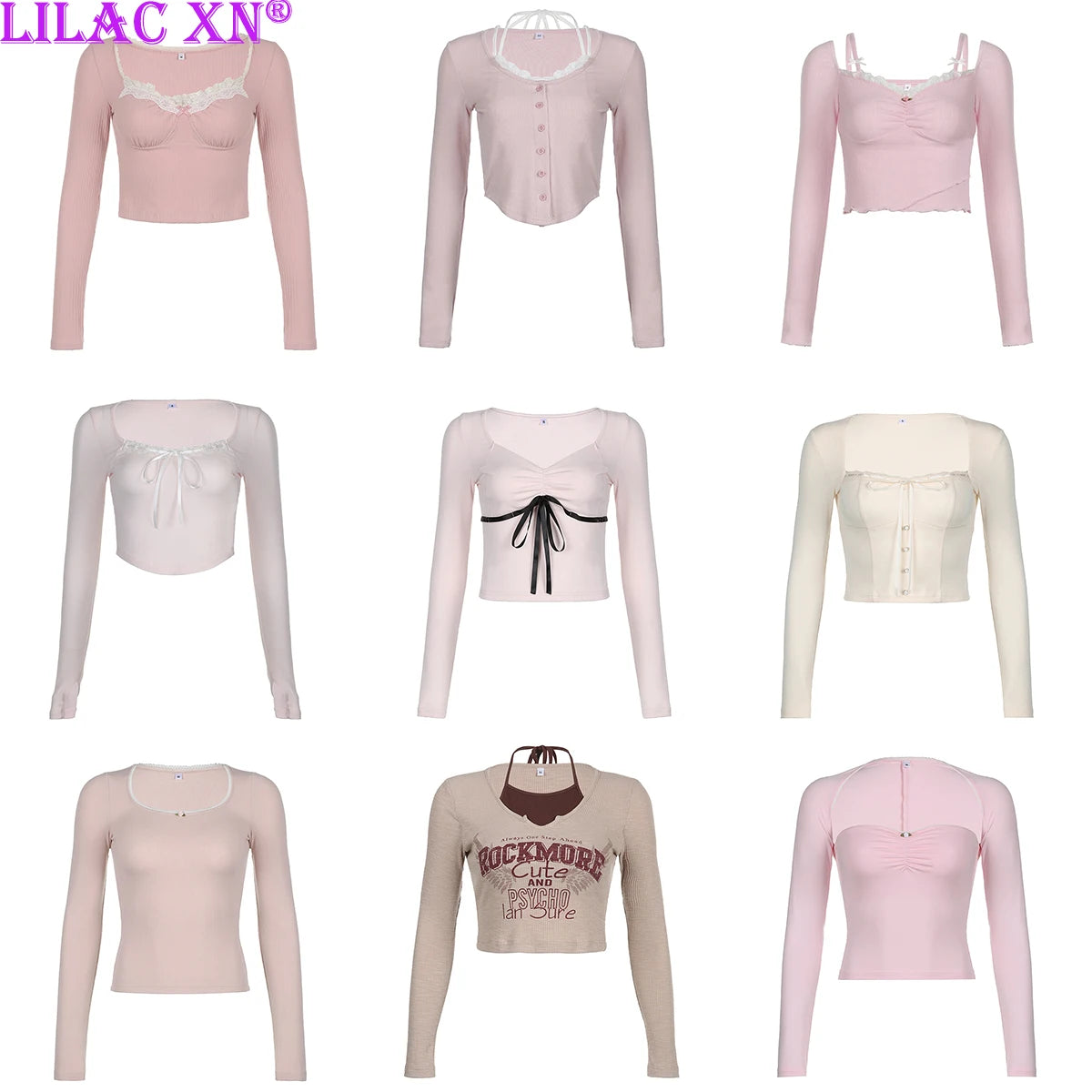 مجموعة اروين التجارية ARWEN&AJH GROUP  2024 European Sweet Pink Lace Trim Long Sleeve Corset Crop Tops Korean Style Cute Aesthetic Slim T-Shirt Women Basic Tees Autumn Pullovers