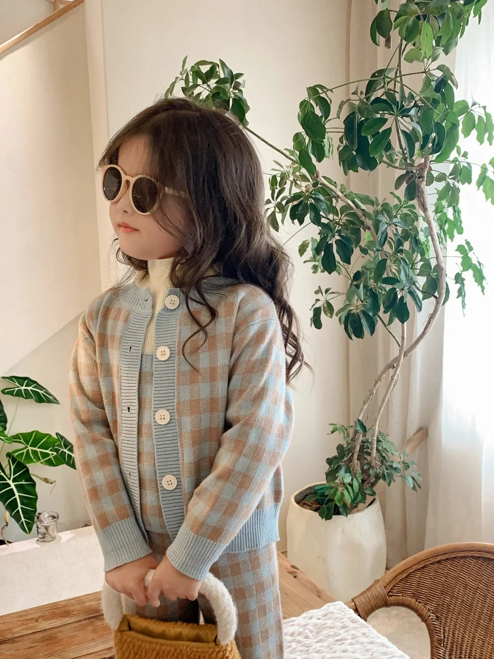 Children Clothing Set 2024 Autumn New Fresh Plaid Girl's Knitted Set Sweater Cardigan +Vest+Pant Sweet Three Piece Suit