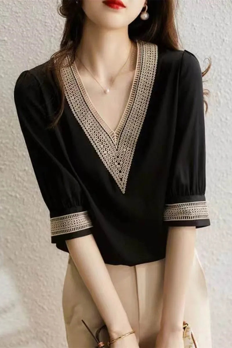 new summer 2022 black Chiffon Shirt V-neck short-sleeve embroidered silk shirt for women