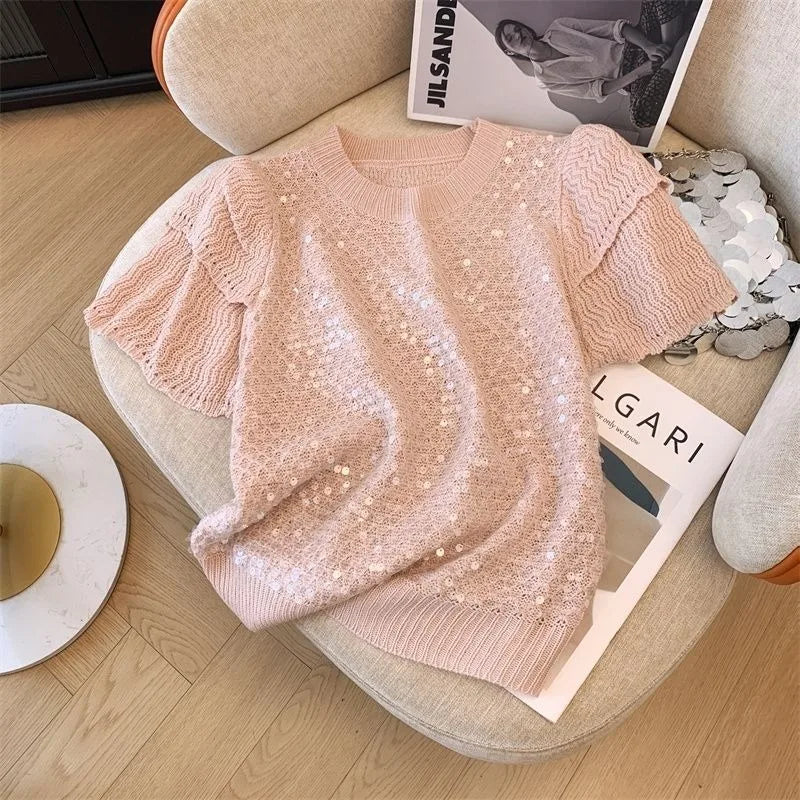 Women Sweater Korean Fashion Summer Spring Pullovers Solid Color New In Short Sleeve Trend 2024 Female Clothing