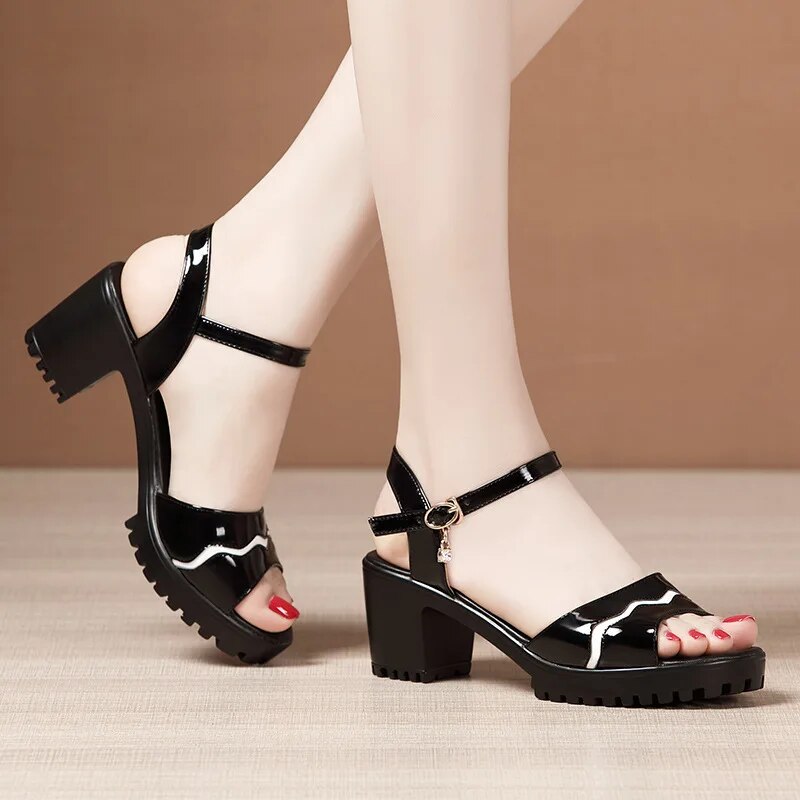 Elegant Patent Leather Shoes 2023 Summer Women's High Heels Sandals Platform Sandals For Office Mother Large size