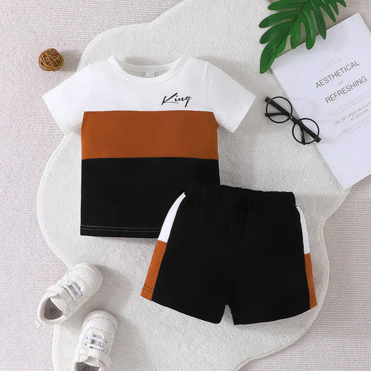 مجموعة اروين التجارية ARWEN&AJH GROUP  2024 European Infant Clothing Set For Kid Boy 6-36 Months KING Stripe Short Sleeve tshirt and Shorts Summer Outfit Ootd For Newborn Baby