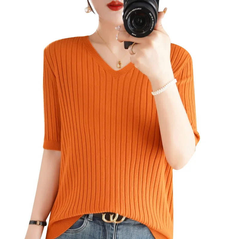 2024 new Women's Clothing Pullovers Sweaters Spring Summer New V-neck Short sleeved Knitted Shirt Base Shirt Solid Color Jumpers