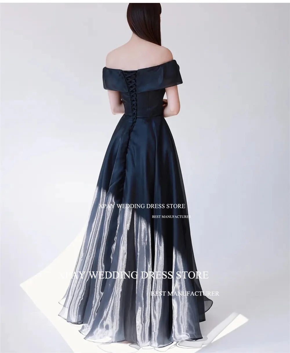 XPAY Off Shoulder Black Organza Korea Evening Dresses Shiny  Short Sleeve Draped Wedding Photo Shoot Open Back Corset Bride Gown