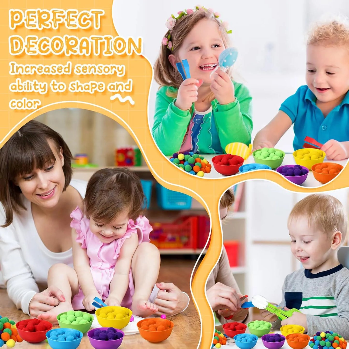 3 year Old  Children's Rainbow Counting Pompoms Toys Sorting Cup Montessori Sensory Toys Preschool Learning Activities Math Toys