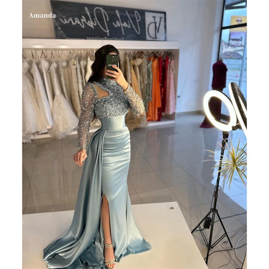 مجموعة اروين التجارية ARWEN & AJH Amanda Glitter Top Party Dresses Mermaid Satin fiesta Elegant Long Sleeves Side Split Sweep Train فساتين سهرة 2024