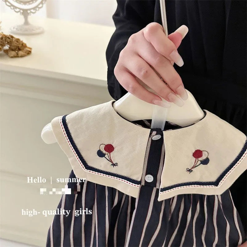 Children's Clothing Summer Pure Cotton Dress Sleeveless Big Neck Embroidered Stripe Casual Dress for Girls 2024 Summer Dress