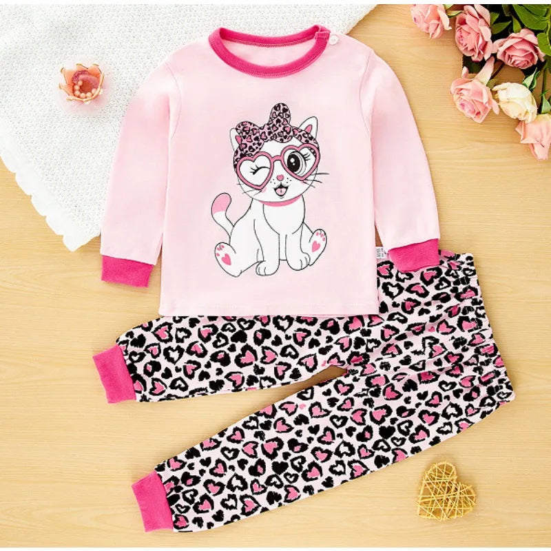 New Kids Pajamas Baby Boys Girls Cute Cartoon Long Sleeve T-Shirt Top + Pants Toddler Autumn Sleeping Clothes Sets Loungewear