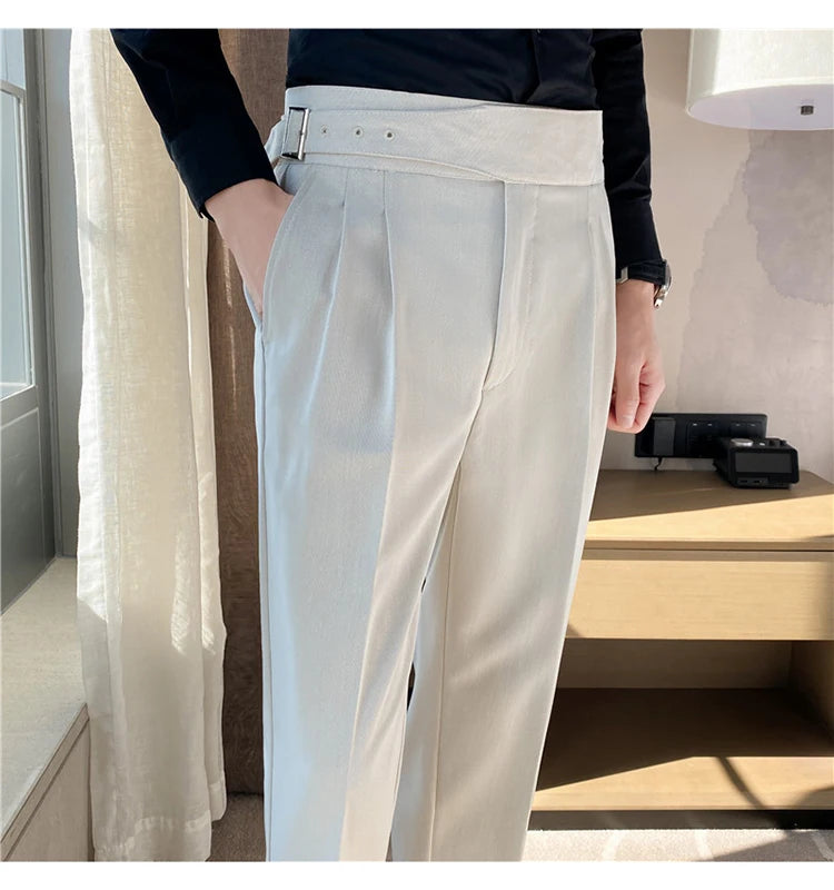 British Style Men High Waist Casual Dress Pant Men Belt Design Slim Trousers Formal Office Social Wedding Party Dress Suit Pants