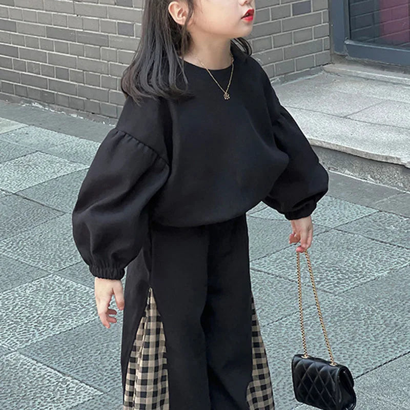 2023 Spring and Autumn Girls' Set Fashionable Children's Clothing Sets Girls' Plaid Big Bow Sweater+ Pants Set Fashion Kids Outf