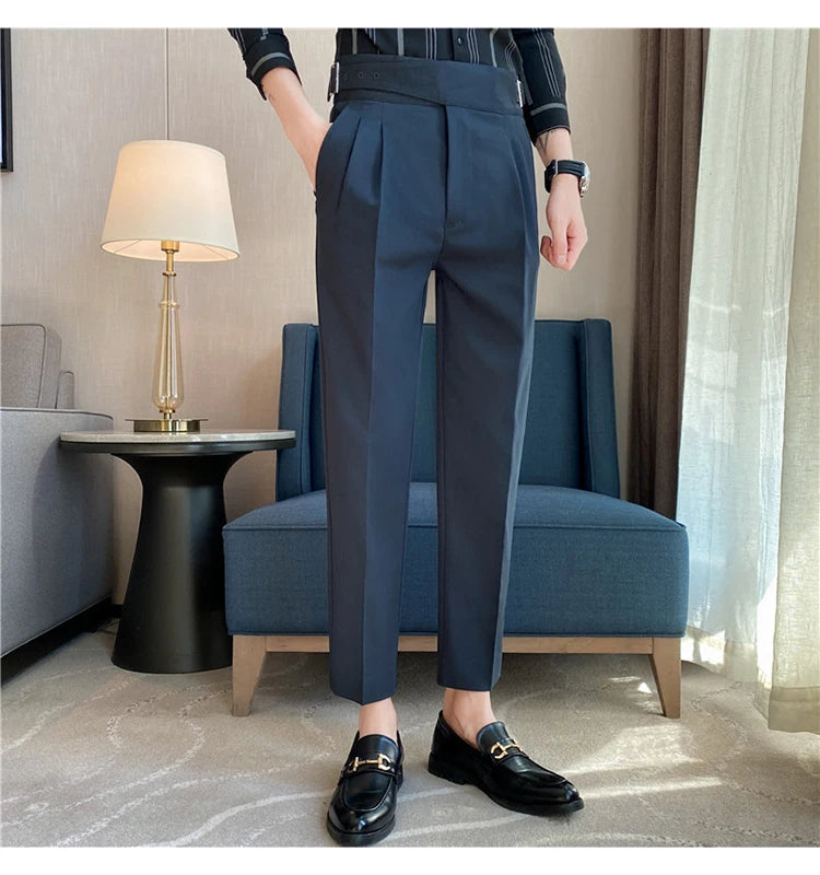 British Style Men High Waist Casual Dress Pant Men Belt Design Slim Trousers Formal Office Social Wedding Party Dress Suit Pants