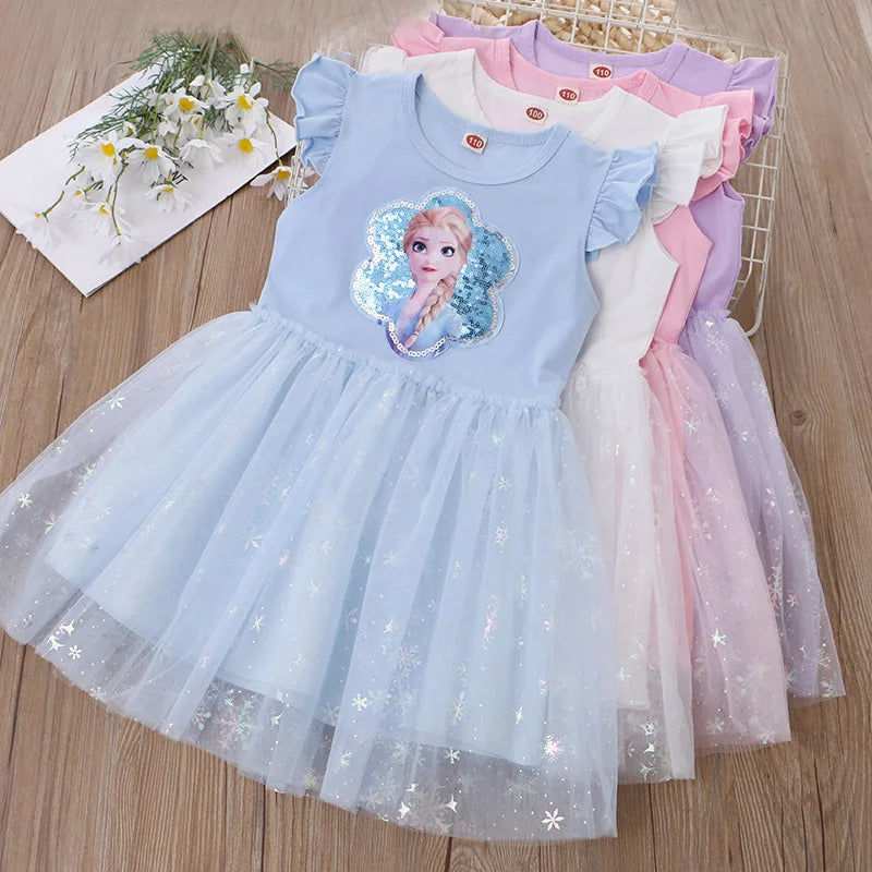 Girls Clothes 2024 New Summer Princess Dresses Flying Sleeve Kids Dress Frozen Elsa Party Baby Dresses for Children Clothing