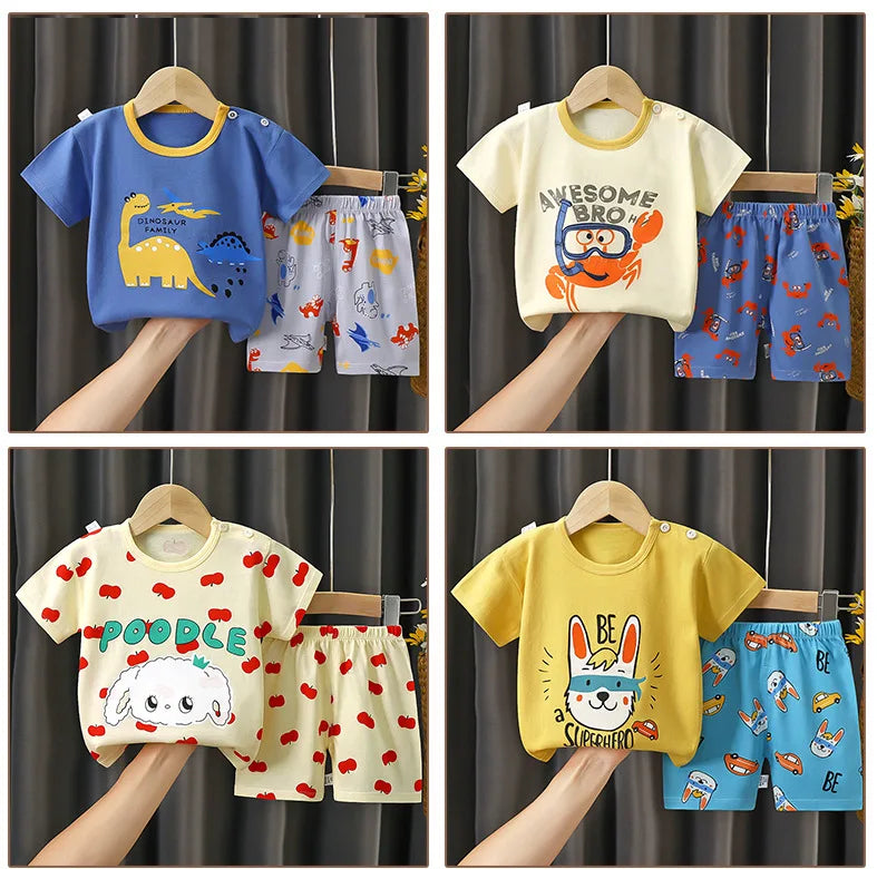 2024 New Kids Boys Girls Summer Pajamas Cute Cartoon Print Short Sleeve T-Shirt Tops with Shorts Toddler Baby Clothing Sets