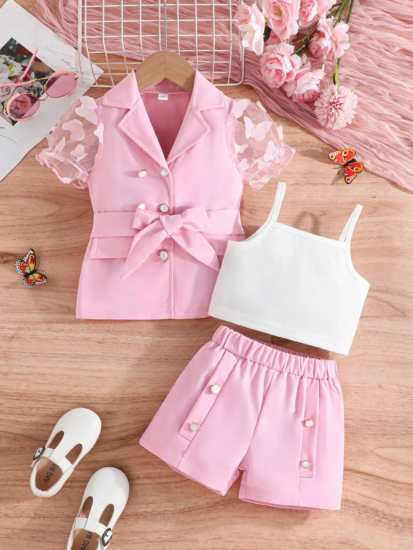 Baby Clothes Set 3-8 Years old Tulle Butterfly Sleeve Vest Coat and Shorts Outfit Clothing Formal Suit For Kids Girl