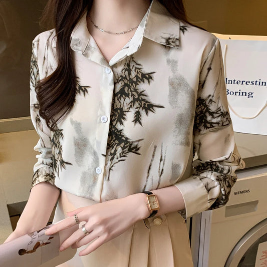 Women Spring Korean Elegant Loose Printing Polo-Neck Long Sleeve Shirts Women Clothes Casual All-match Temperament Trend Tops