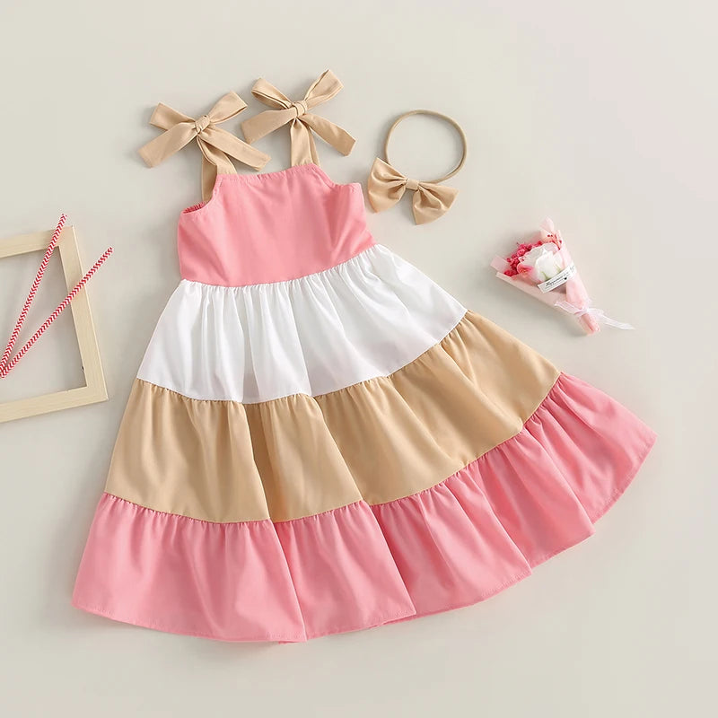 3 Colors Summer Fashion Kids Girls Dress Color Match Tie-Up Shoulder Straps Sling Ruffles Sundress Headband